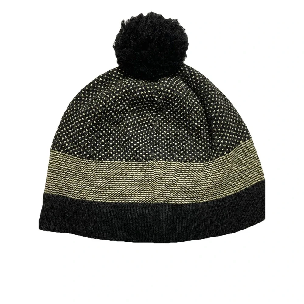 Black Diamond Equipment Beanie‎ Hat Black Gold Dot Pom Pom Knit Ski Cap RN 81935